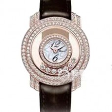 Stylish Product 1:1 Chopard Happy Diamonds Classical Series With Switzerland Original Quartz Movement，Size：27*7Mm， Fine Steel +Plating Rose Gold， Black Calf Band With The Original Pattern，Women Watch，Transparent Case Back CHO-001