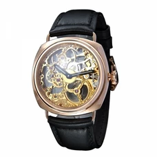 Italian Style Military Men's Hand Wind Mechanical Watch Double Skeleton Rose Gold MM-025