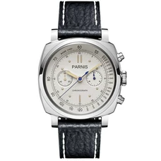Parnis Pilot Seriers Luminous Mens Leather Watchband Military Sport Chronograph Quartz Watch Wristwatch - White Case White Dial PA-029