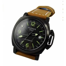 Whatswatch 44mm Parnis black dial GMT date automatic black PVD mens military watches PA-062