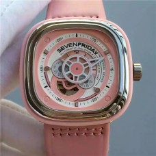 A Product Watch Sevenfriday Women'S Watch Mechanical Watch, 1:1 Sevenfriday P1-02 Pink Dial Pink Leather Band、Japan Automatic Mechanical Movement，Sf Factory Competitive Products Stylish Women'S Watch SEV-013
